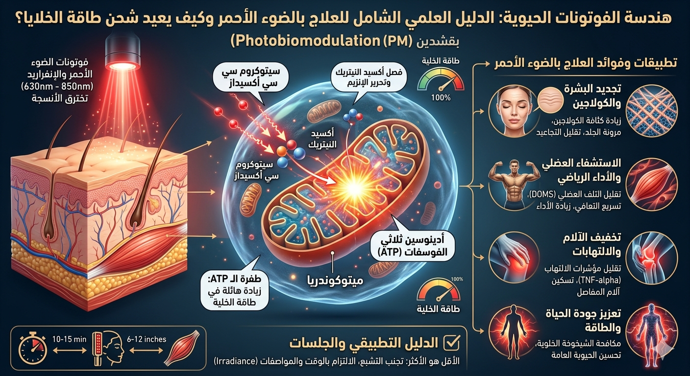 هندسة الفوتونات الحيوية: الدليل العلمي الشامل للعلاج بالضوء الأحمر وكيف يعيد شحن طاقة الخلايا؟