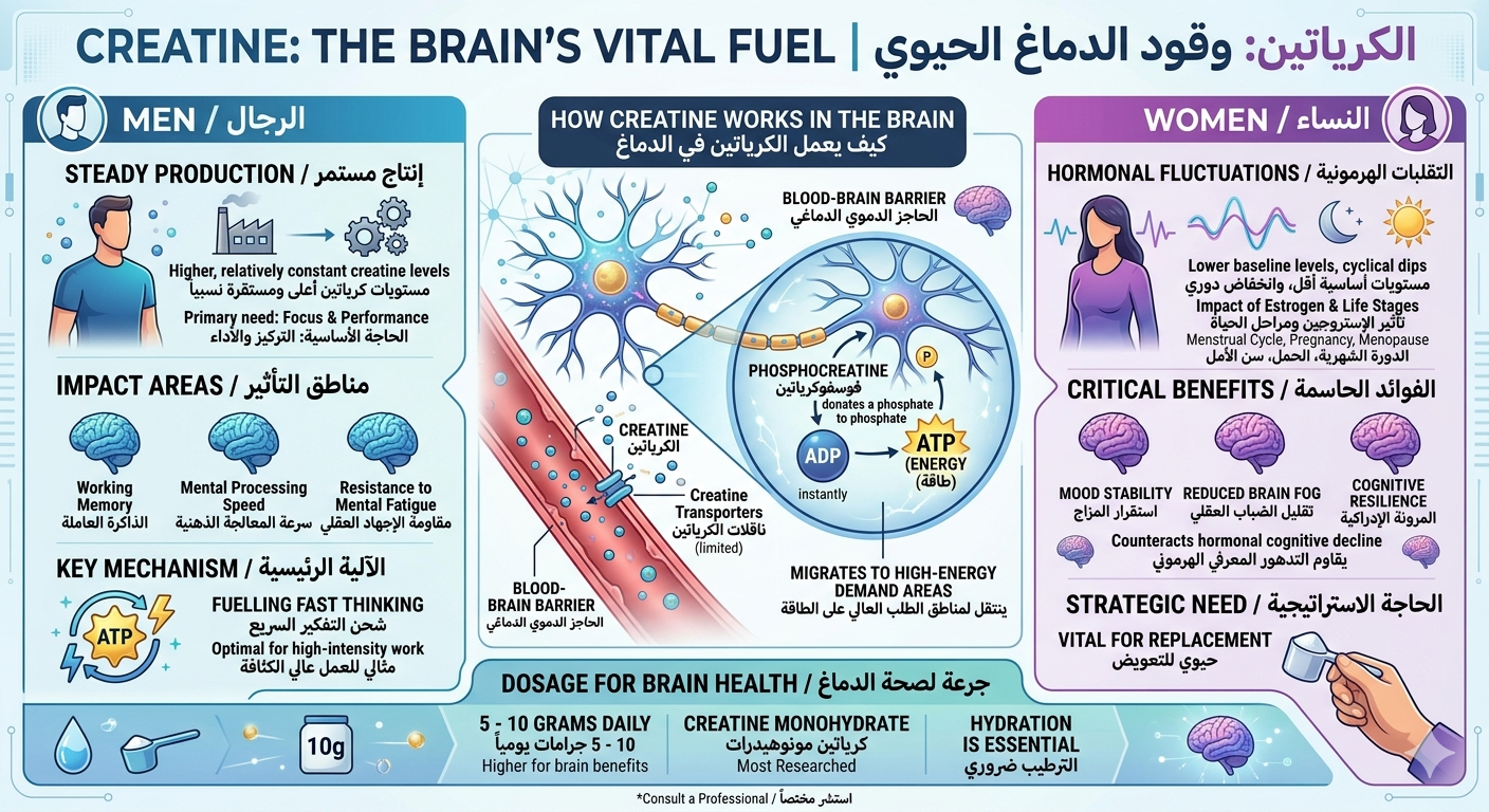 ما وراء تضخيم العضلات: الدليل العلمي المعاصر للكرياتين كوقود حيوي لحماية الدماغ وتعزيز الإدراك